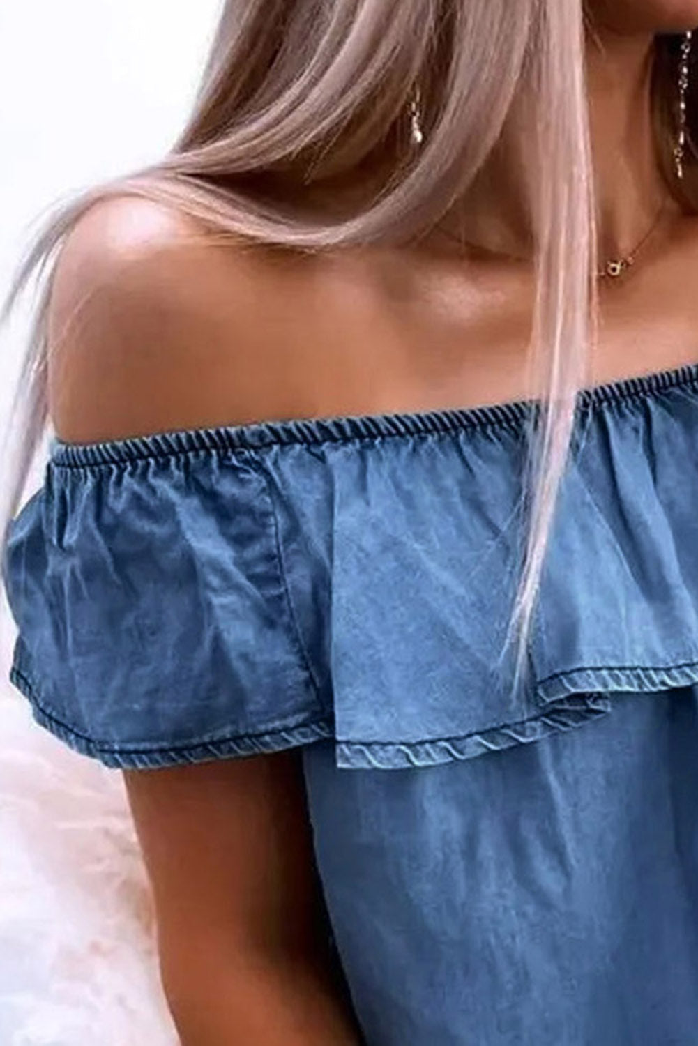 Sky Blue Off-the-shoulder Ruffled Denim Top