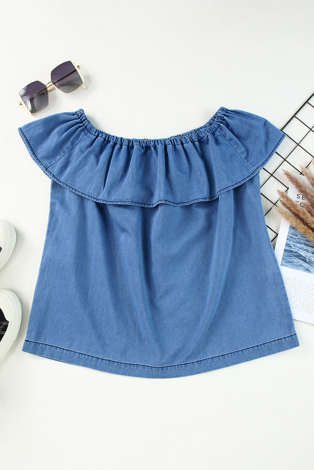 Sky Blue Off-the-shoulder Ruffled Denim Top