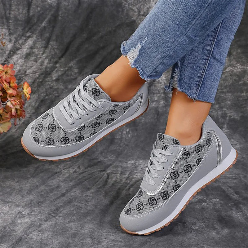 Flower Print Lace-Up Sneakers, Lightweight Casual Flats for Women