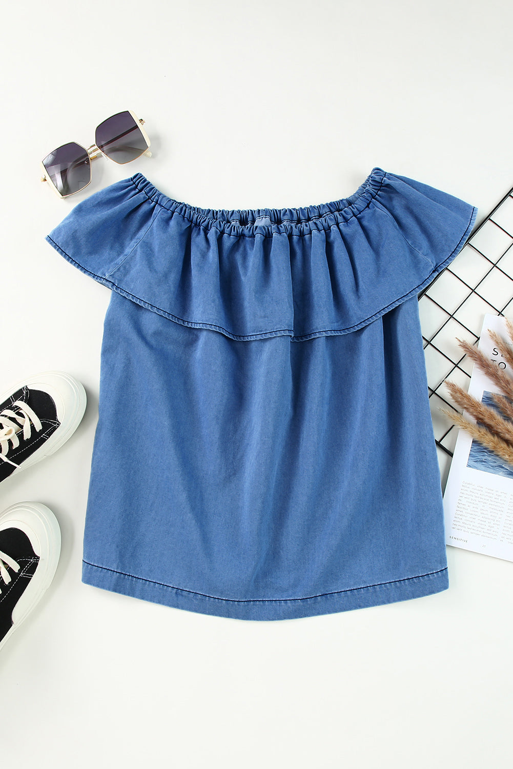 Sky Blue Off-the-shoulder Ruffled Denim Top